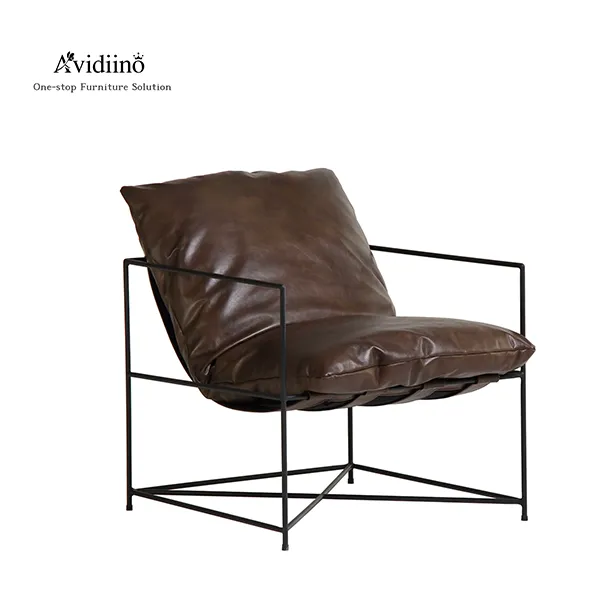 Solid Stainless Steel Retro Leather Armrest Lounge Chair for Living Room Detail Display -5