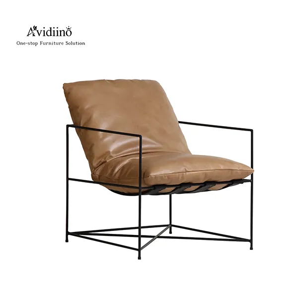 Solid Stainless Steel Retro Leather Armrest Lounge Chair for Living Room Detail Display -6
