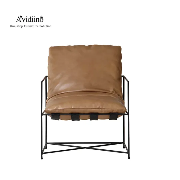 Solid Stainless Steel Retro Leather Armrest Lounge Chair for Living Room Detail Display -7