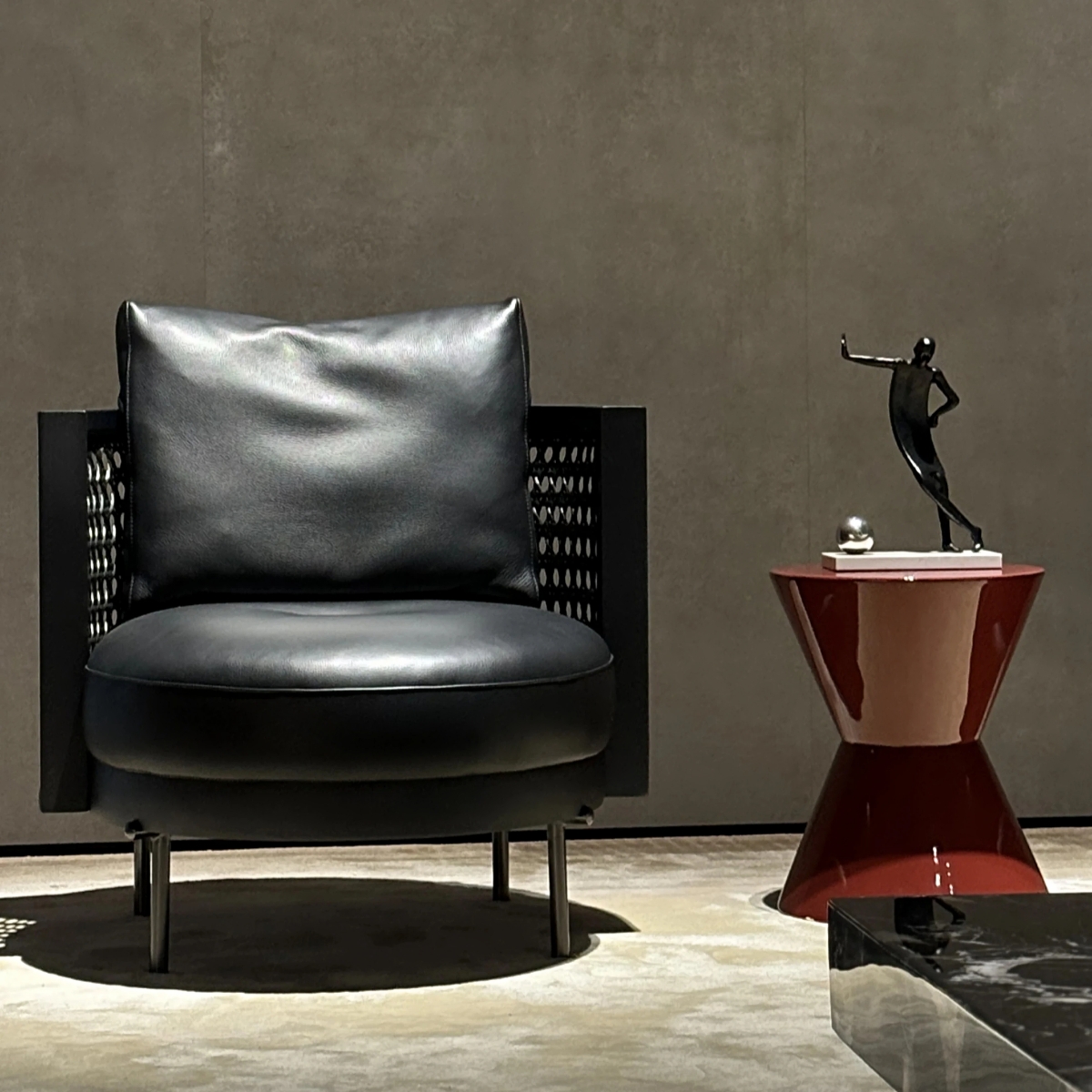 Italian Minimalist Lounge Armchair | Natural Rattan Weave on Ash Wood Frame with Fabric Upholstery