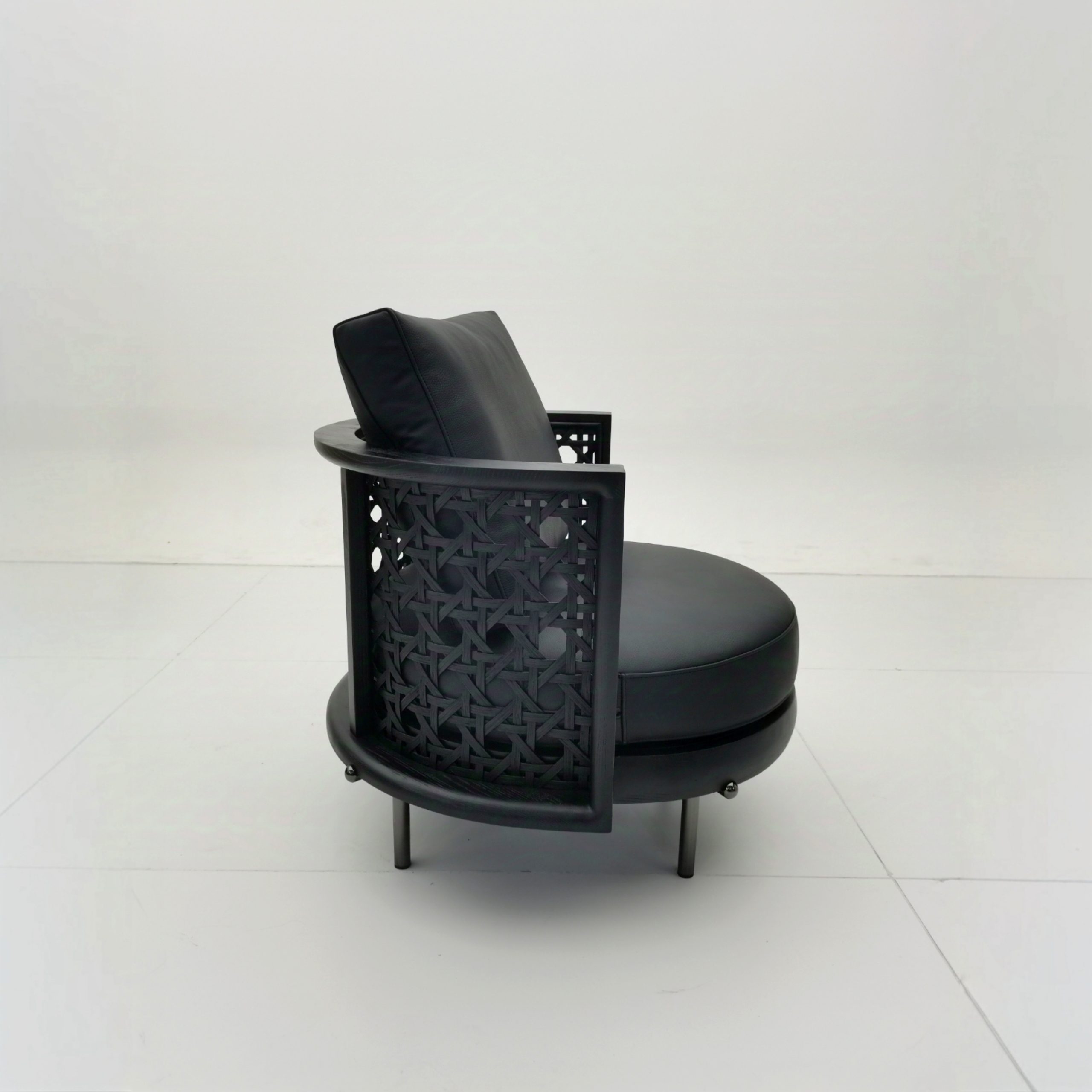 Italian Minimalist Lounge Armchair | Natural Rattan Weave on Ash Wood Frame with Fabric Upholstery