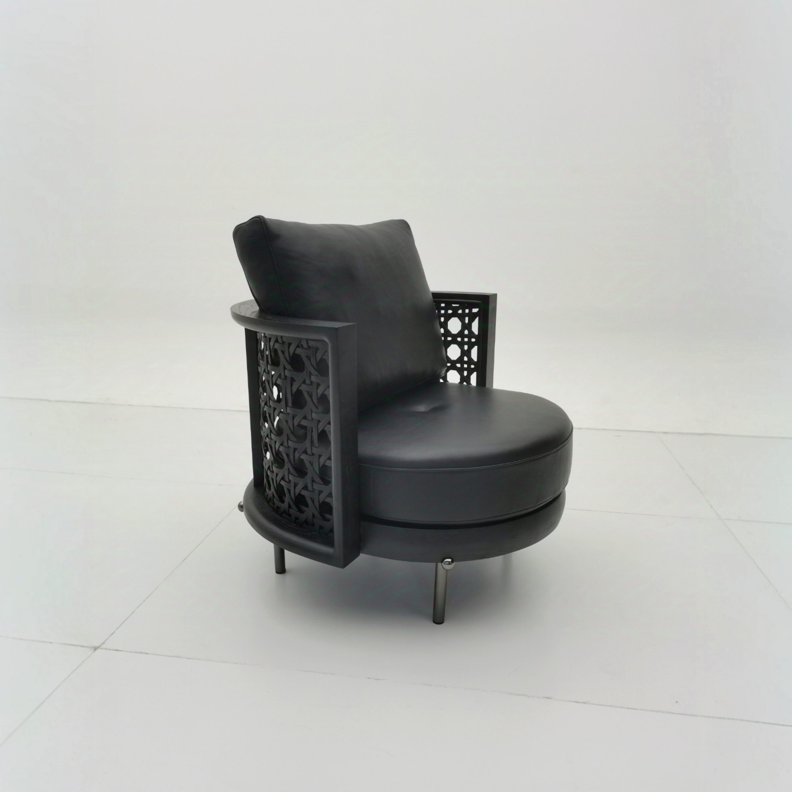 Italian Minimalist Lounge Armchair | Natural Rattan Weave on Ash Wood Frame with Fabric Upholstery