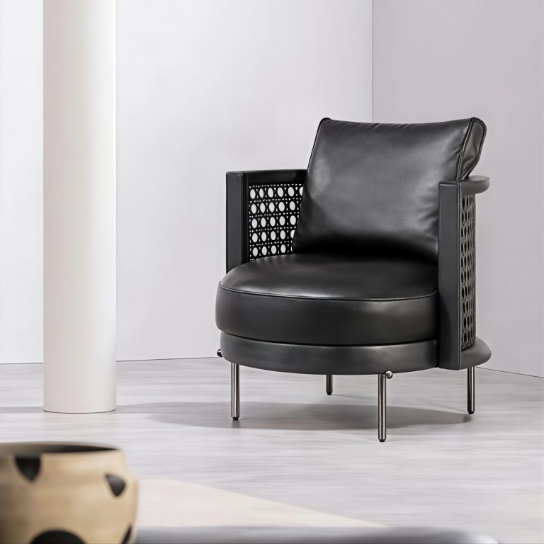 Italian Minimalist Lounge Armchair | Natural Rattan Weave on Ash Wood Frame with Fabric Upholstery