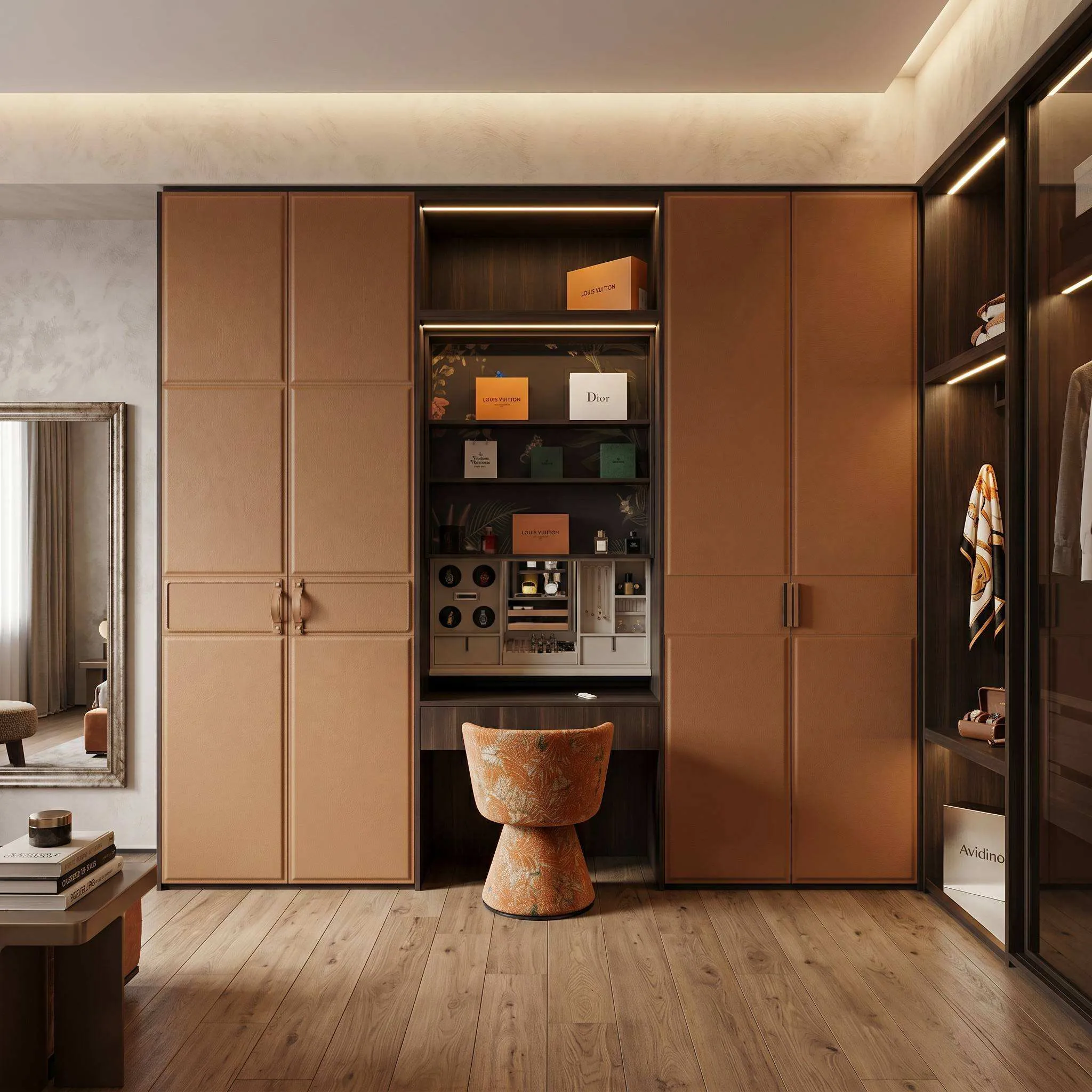 Wardrobe(1)HW001Custom Walk-in Wardrobe Storage System for Bedroom | Soft Leather-Grain Finish | Full Turnkey Furniture Project Solution