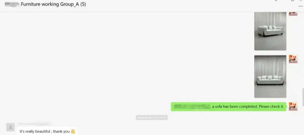 Client online chat confirming sofa production completion