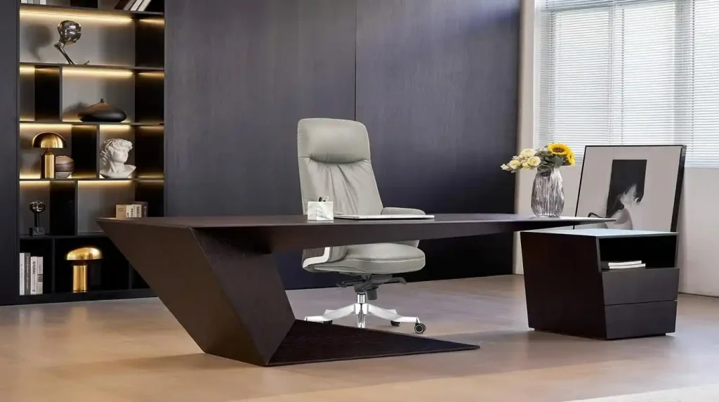 Contemporary home office desk with grey office chair