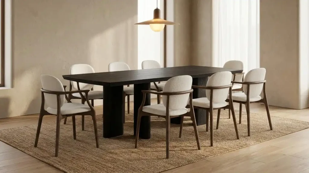 Dark wood dining table with upholstered chairs