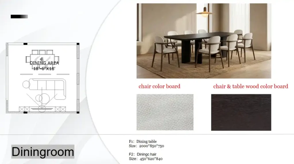 Dining room CAD plan and dark wood table