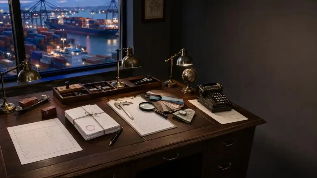 Export office desk setup overlooking a shipping port