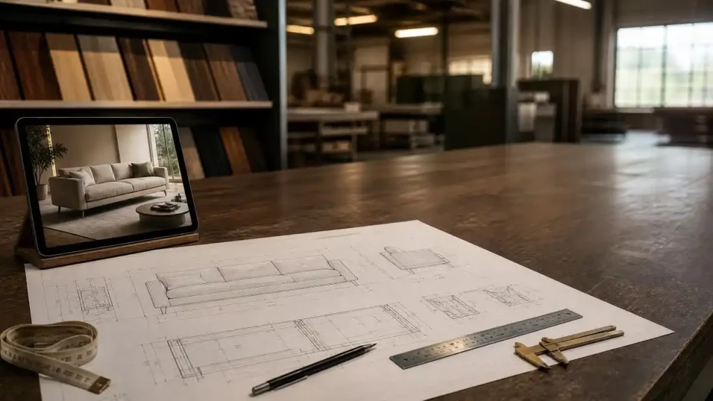 Factory workbench with CAD drawings