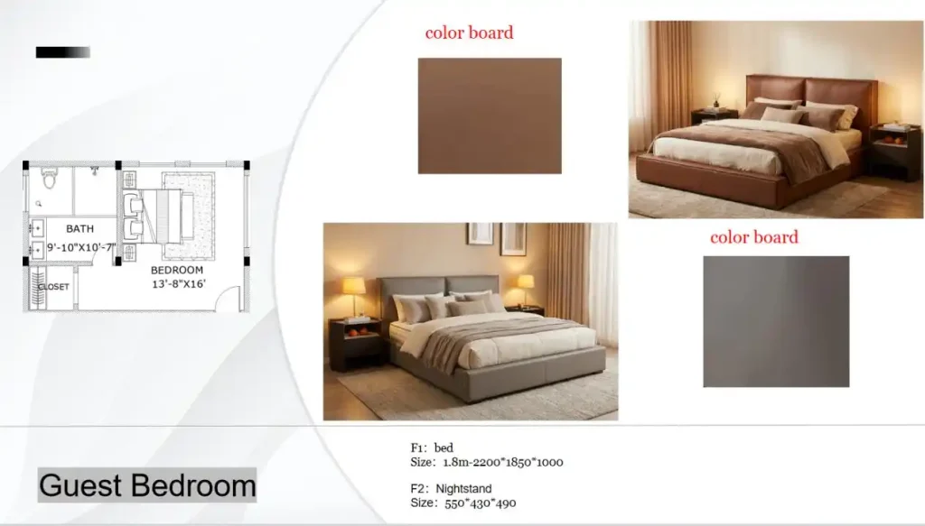 Guest bedroom layout with brown bed