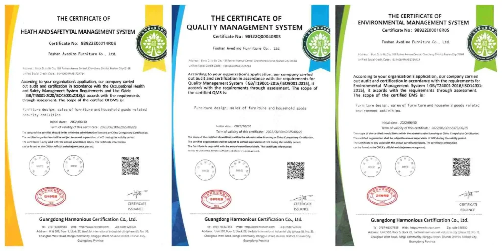 ISO 9001 14001 45001 certificates of custom furniture factory Foshan