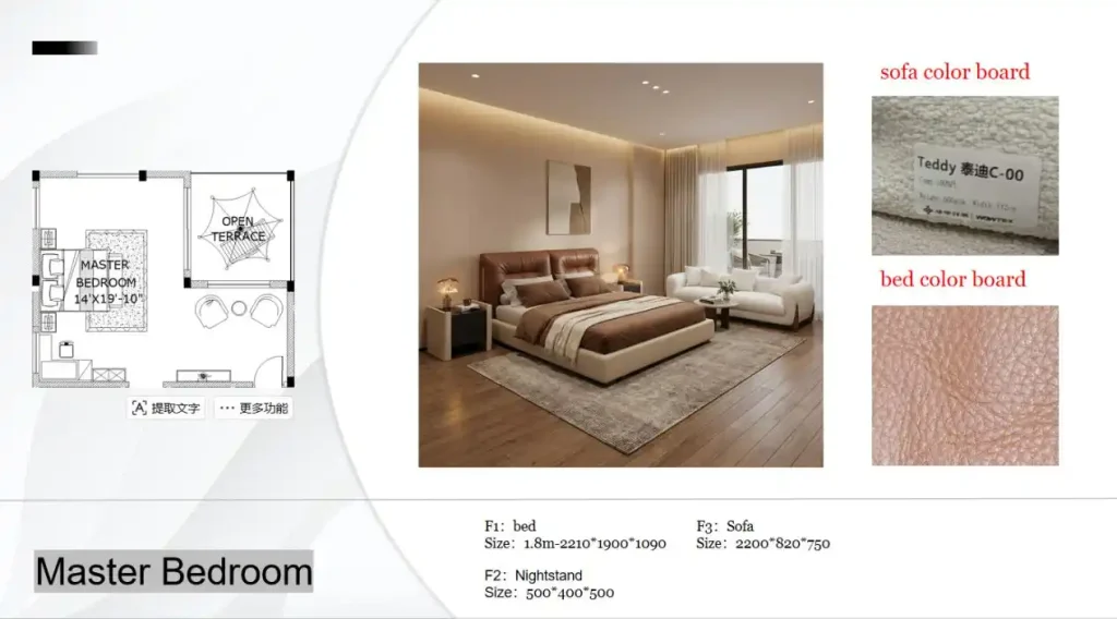 Master bedroom CAD plan with leather bed