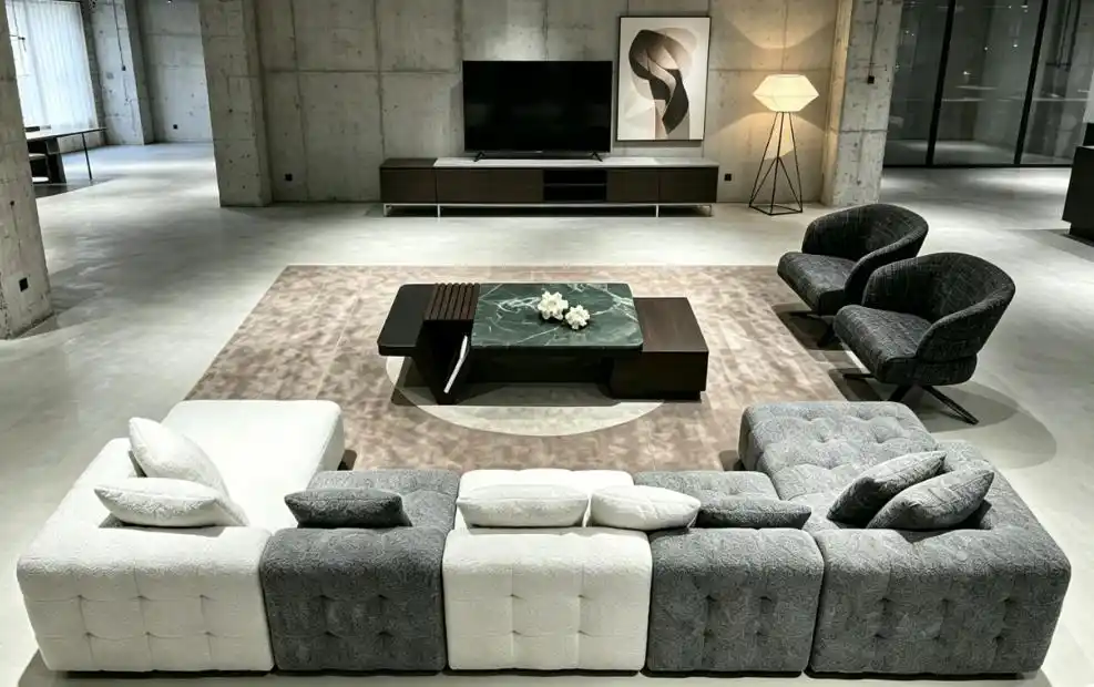 Modern concrete living room with grey modular sofa