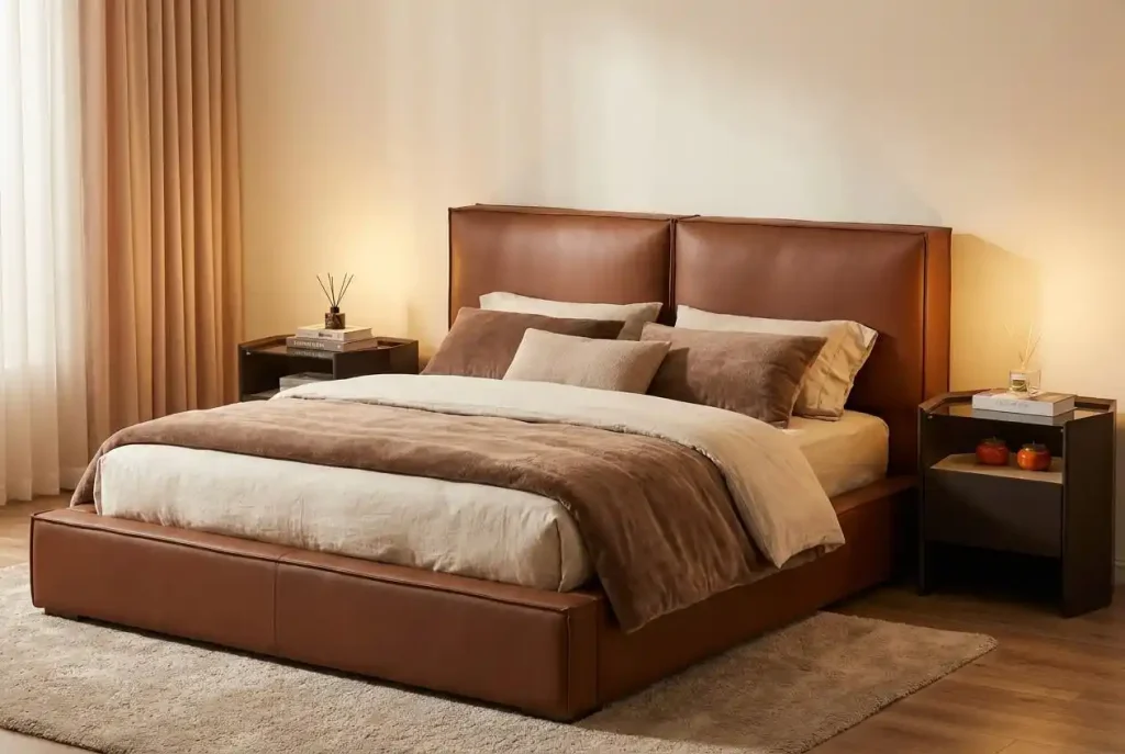 Modern master bedroom with brown leather bed