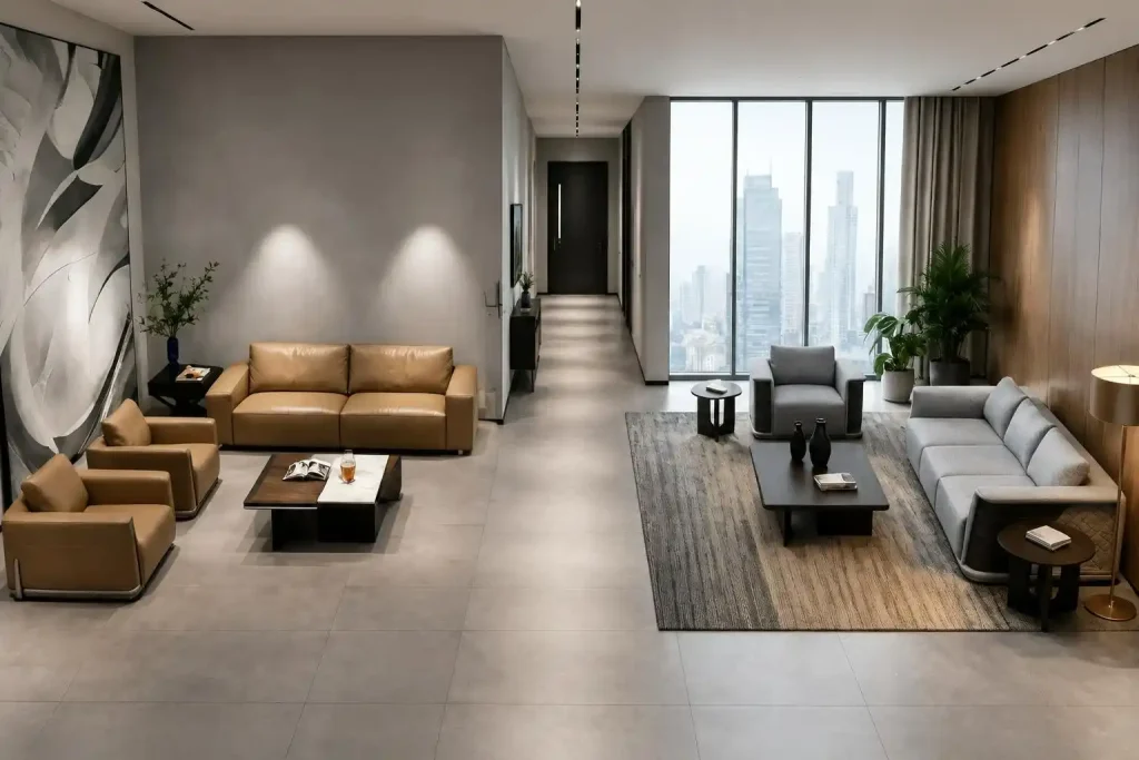 Open hallway design with dual leather sofa sets