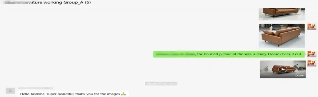 Project group chat showing finished box photo approval