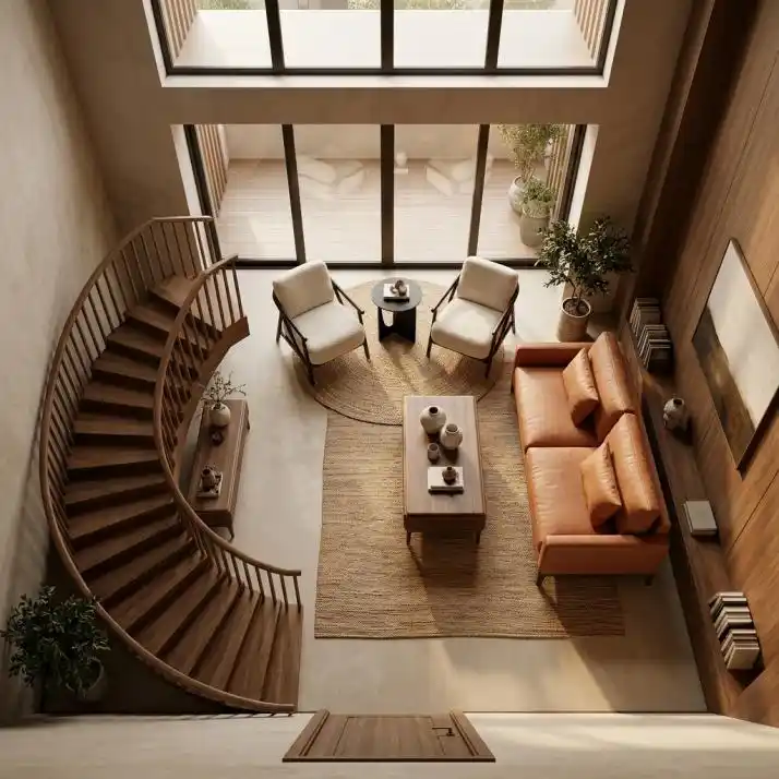Spiral staircase living room with tan leather sofa