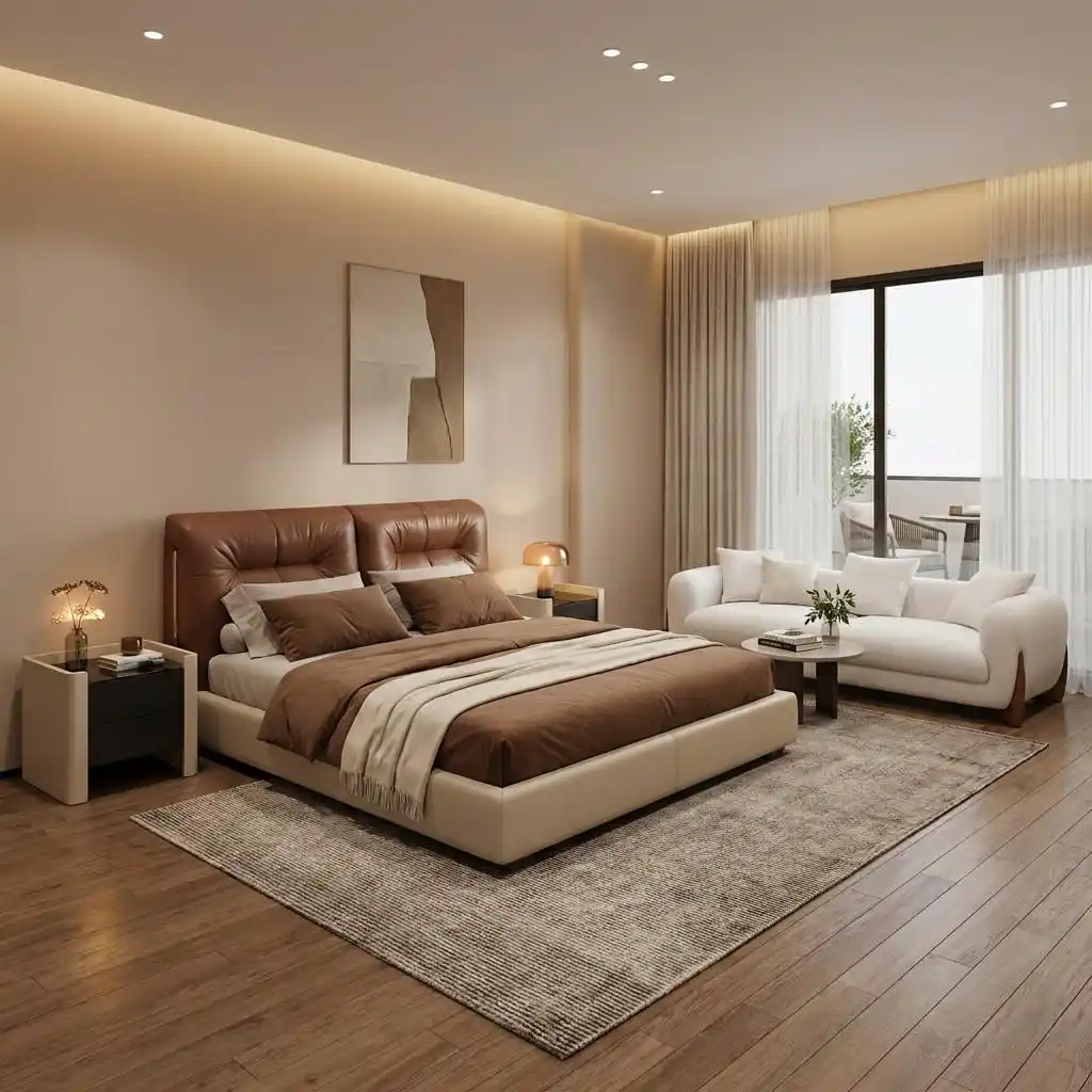 Warm wood floor bedroom with brown leather bed frame