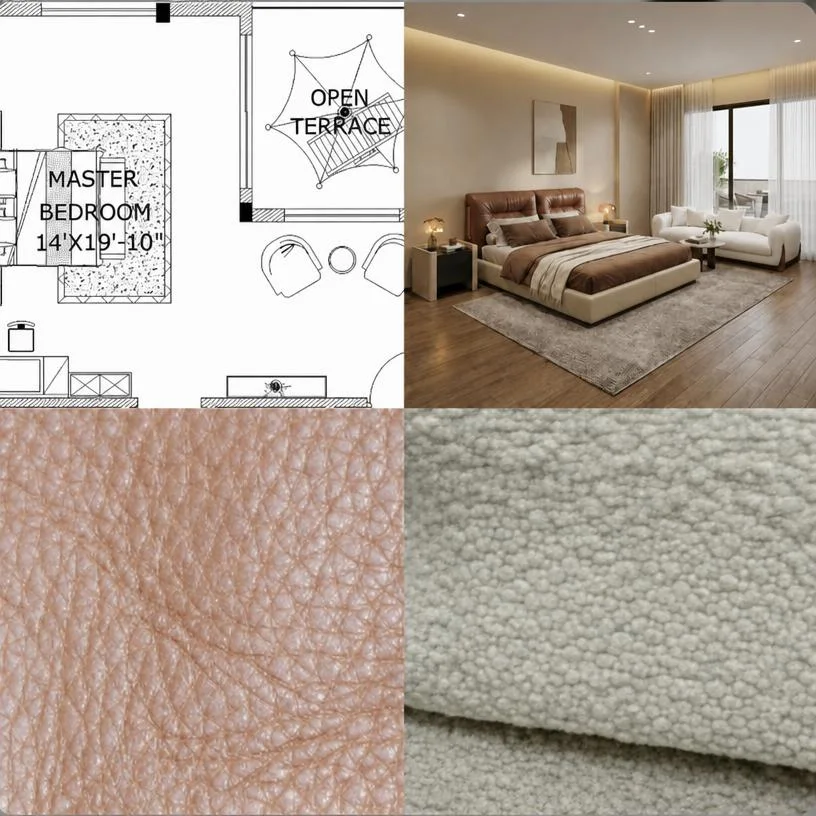 bedroom custom wardrobe design with leather and boucle samples