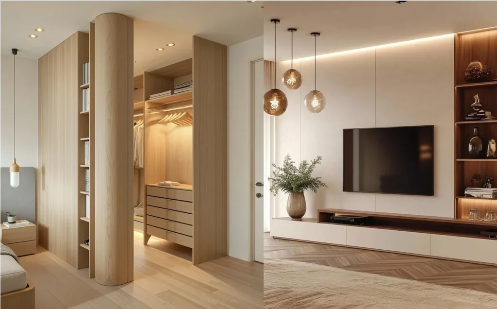 cream wood style custom wardrobe and tv wall cabinets