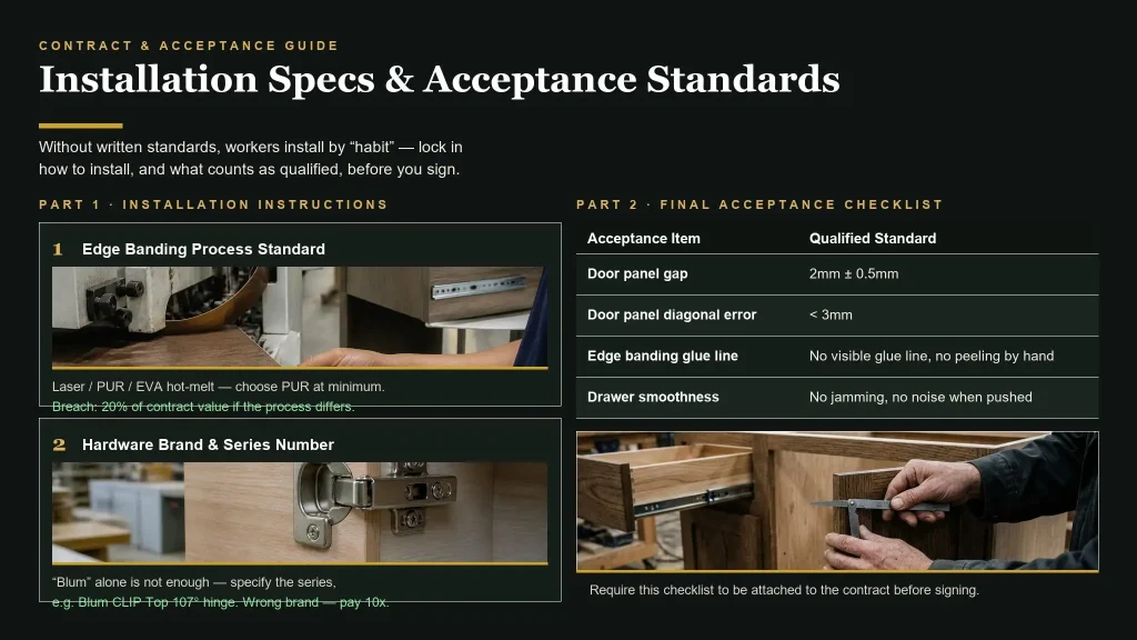 Custom cabinet installation standards checklist for edge banding and hardware