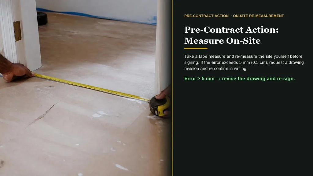 On-site measurement checks custom kitchen cabinet dimensions against shop drawings