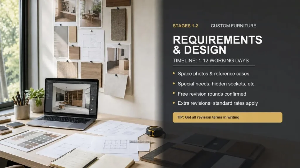 custom furniture design consultation with floor plans and material samples