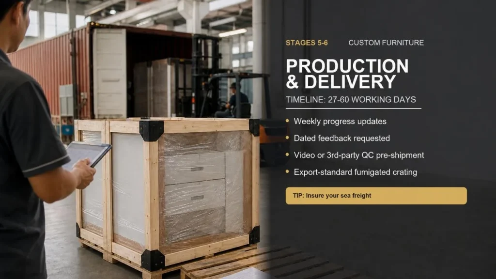 custom furniture export packing in fumigated wooden crate before shipping
