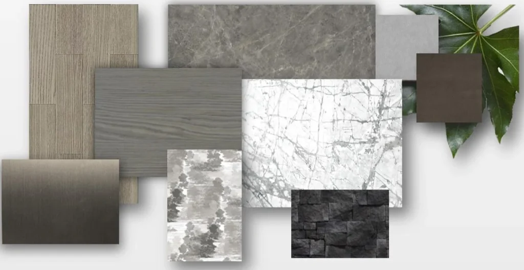 custom furniture material samples marble wood grain and matte finishes