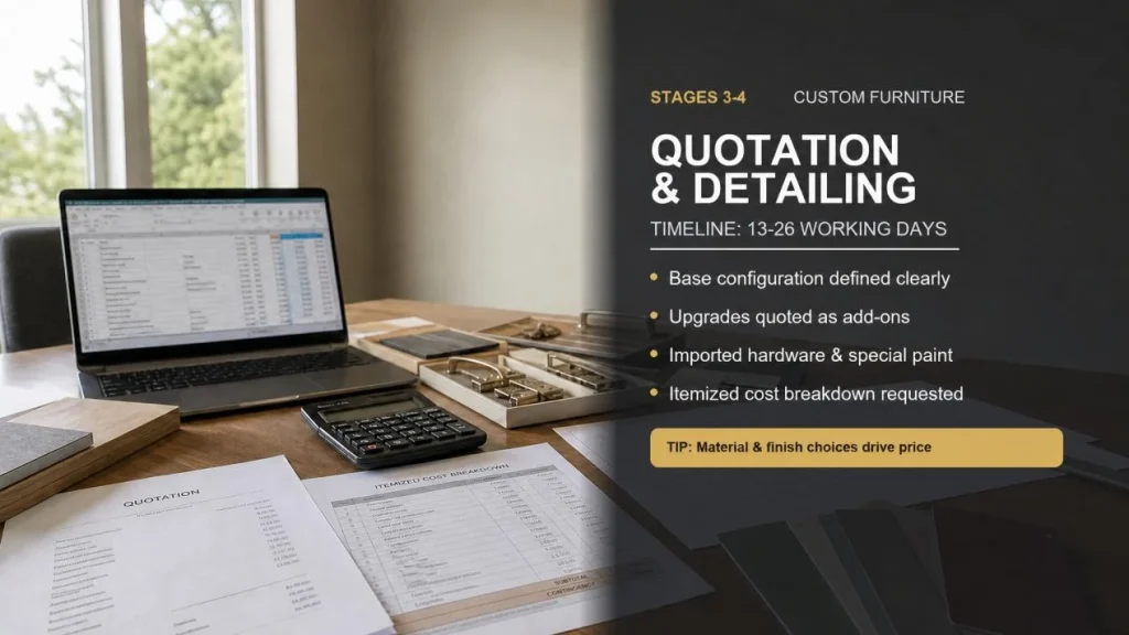 custom furniture quotation review with hardware samples and calculator
