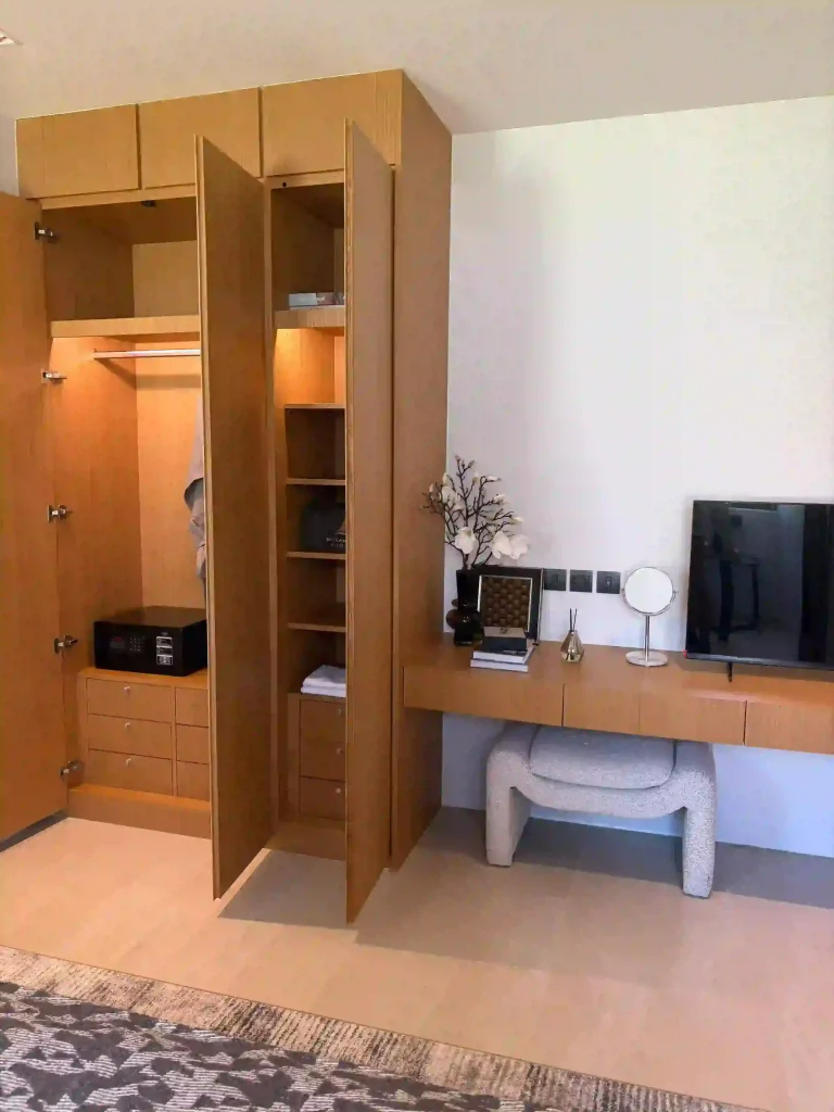 custom walnut wardrobe floating desk bedroom