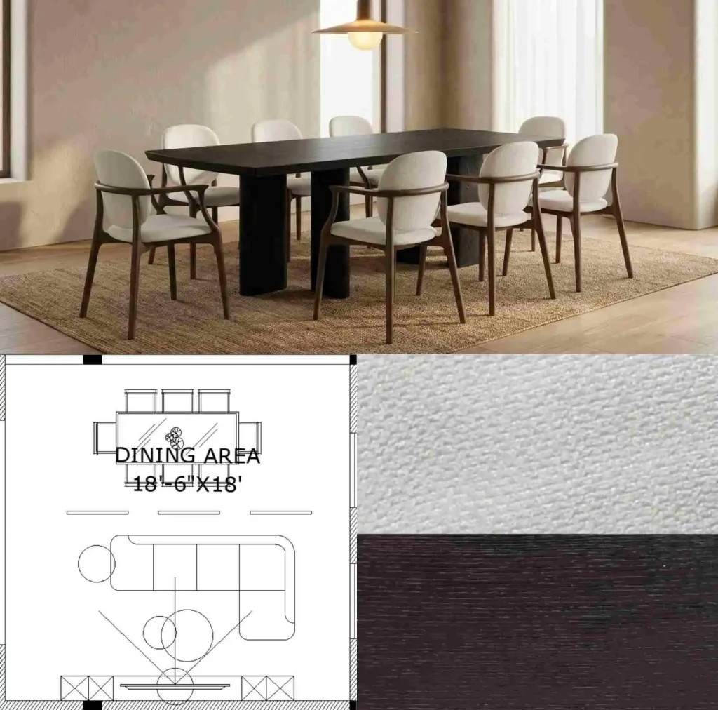 dining area custom furniture plan wood table and fabric swatches