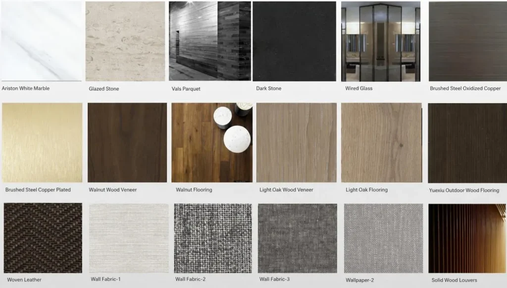 eighteen custom furniture material samples walnut oak marble and metal