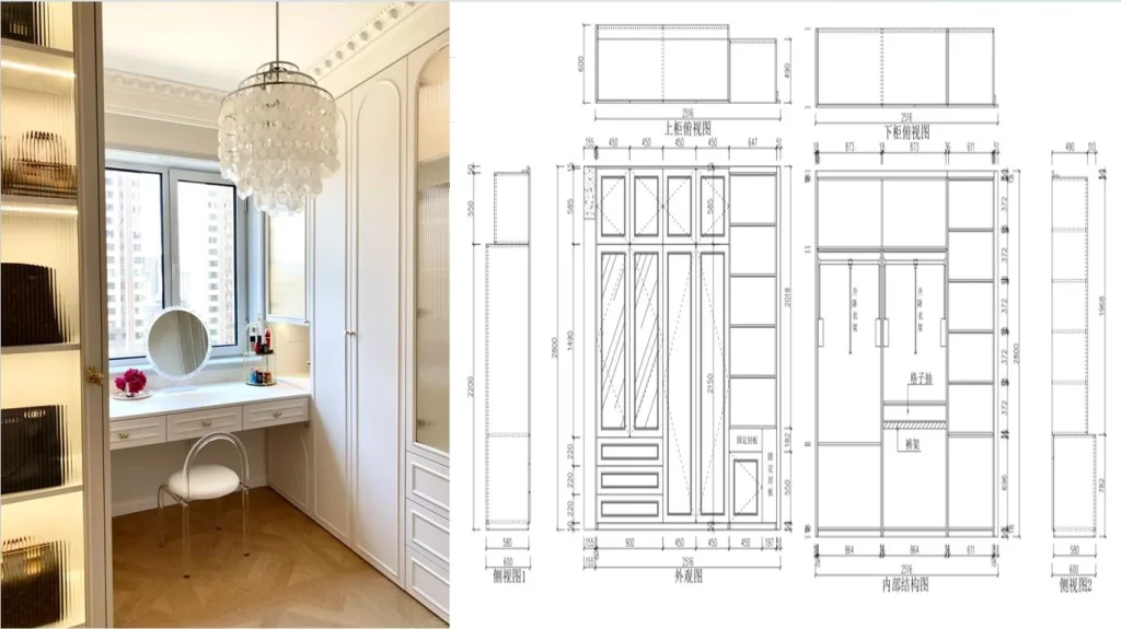 furniture design blueprints and wood sample swatches