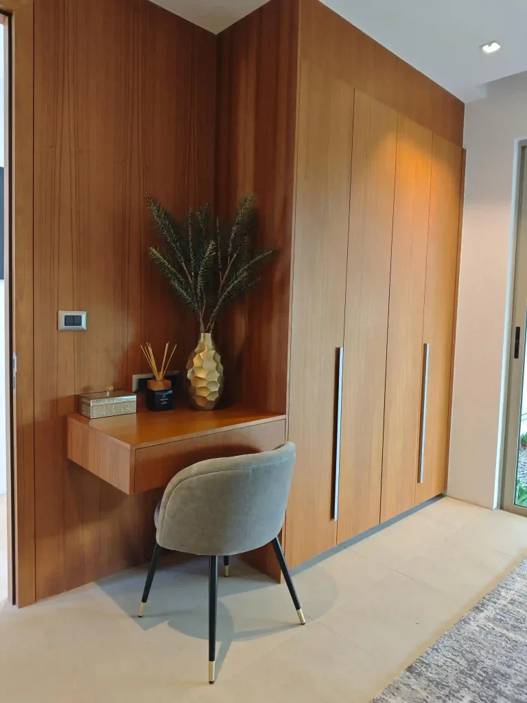 Walnut study room bookcase in Phuket villa custom furniture project