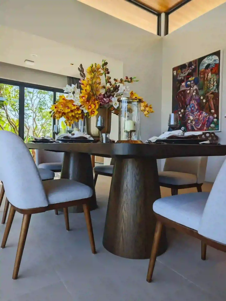`Custom dining set in Phuket villa furniture project walnut veneer`