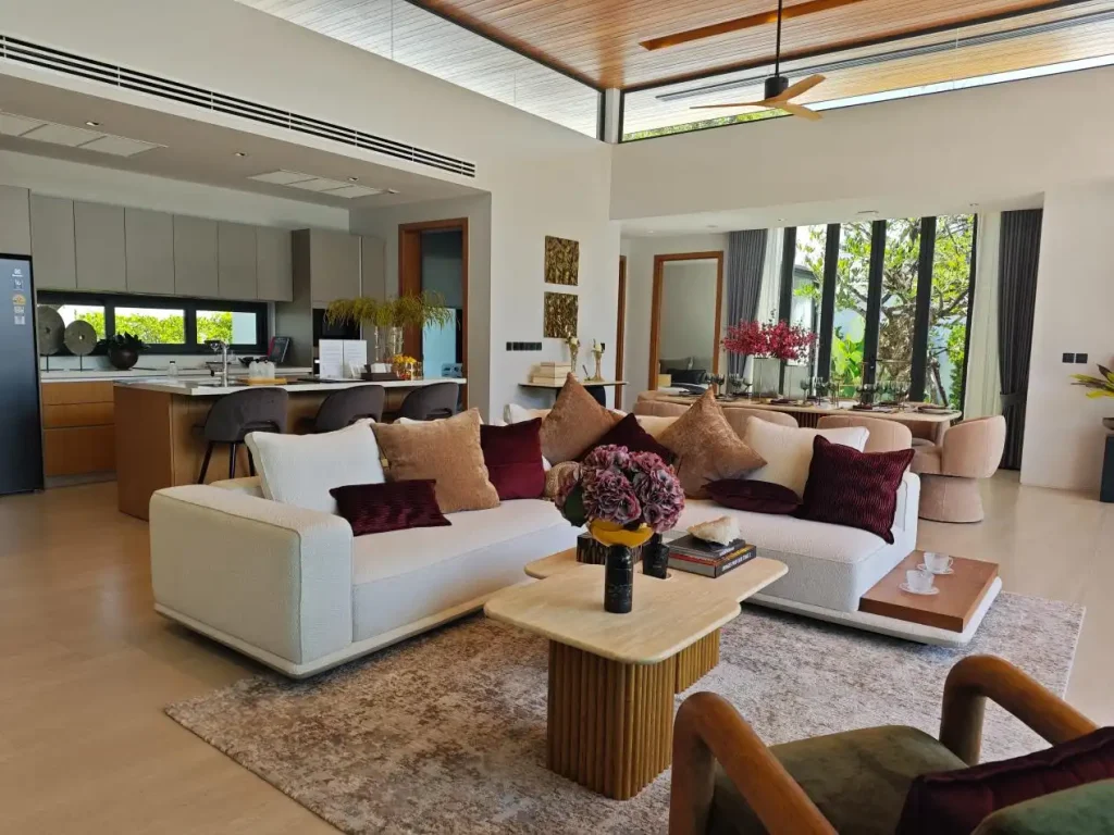 Phuket villa custom furniture project living room with walnut modular sofa