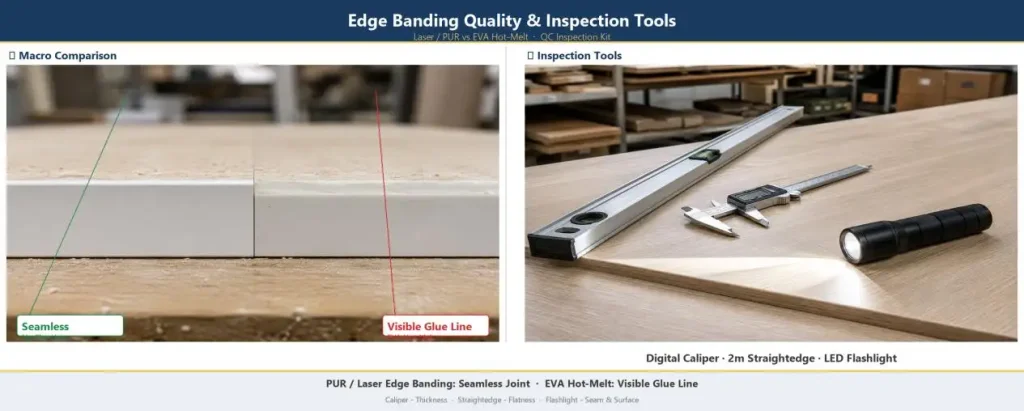 laser pur edge banding comparison vs eva glue lines furniture quality inspection tools