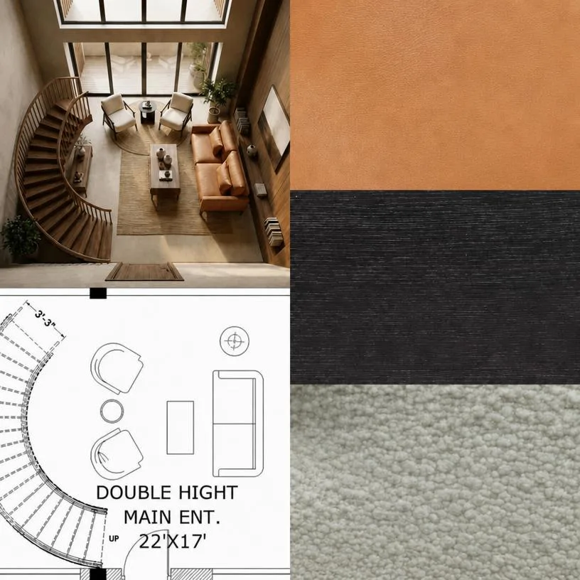 living room custom tv wall unit with material palette samples