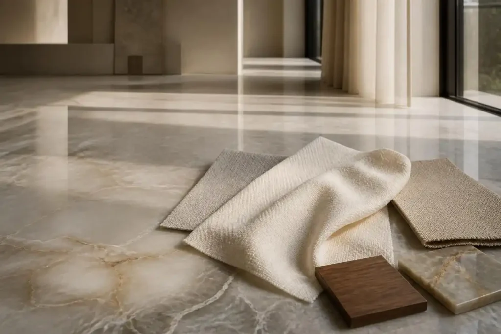 luxury villa material samples fabric walnut onyx