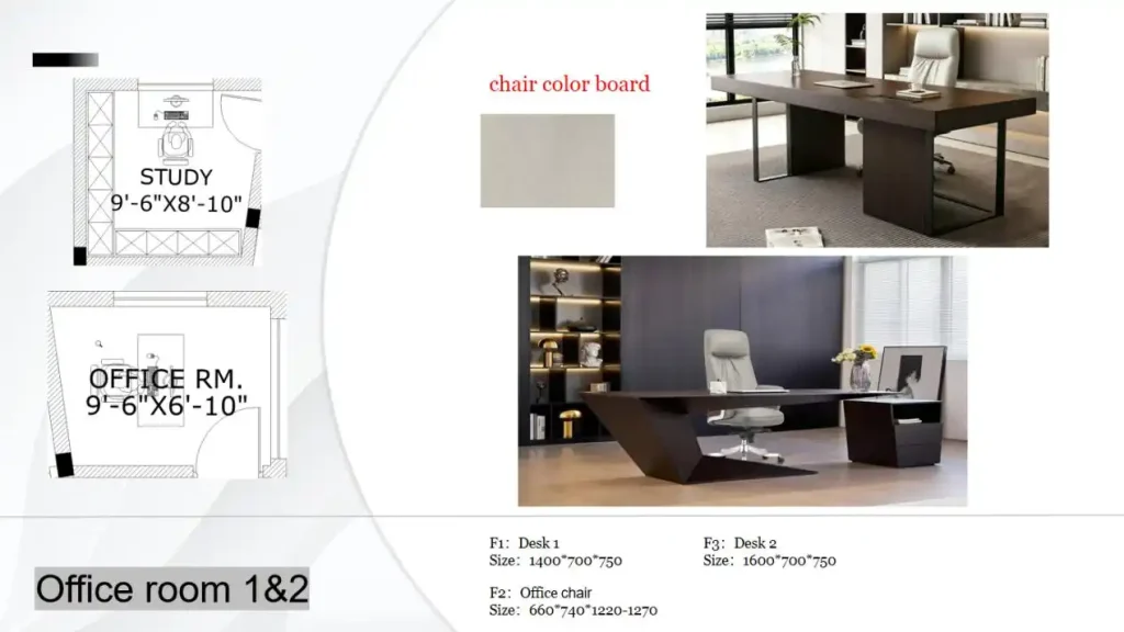 office room interior scheme with color swatches