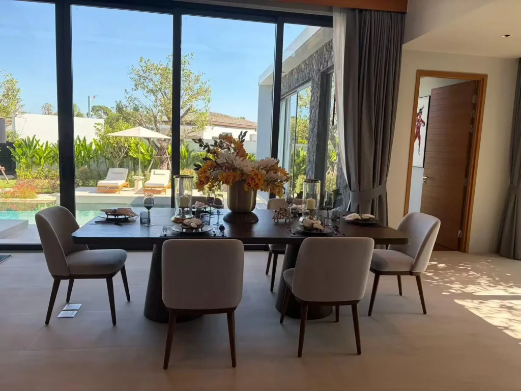 `Custom dining set in Phuket villa furniture project walnut veneer`