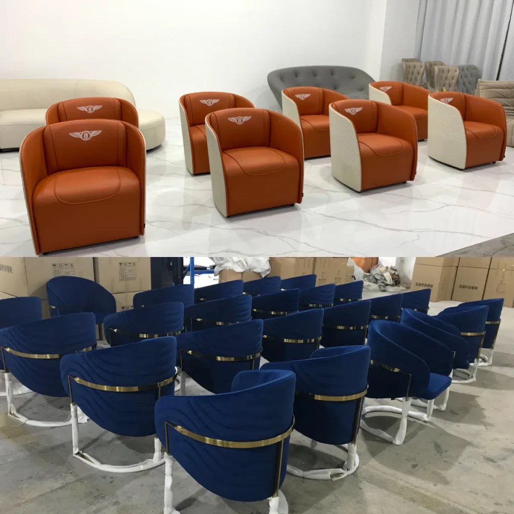 Blue velvet armchairs staged for quality inspection