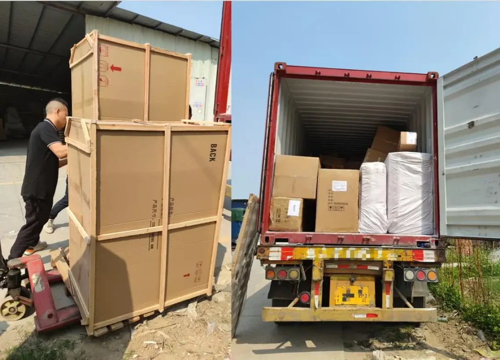Bulk event furniture loaded in containers at Avidiino factory