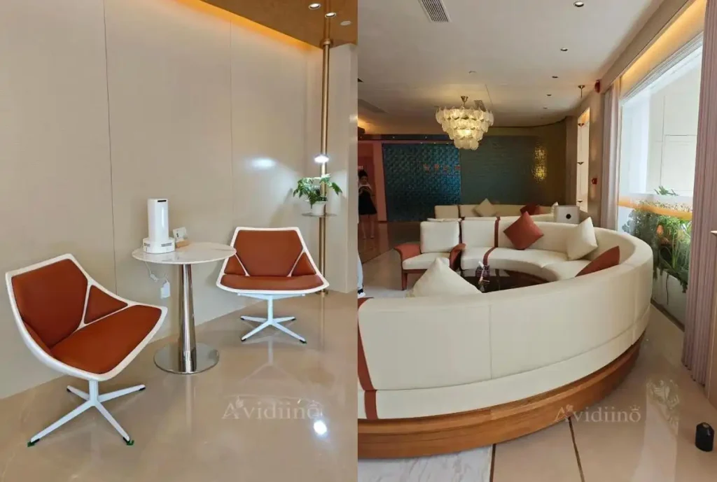 Curved sectional sofa in med spa waiting lounge