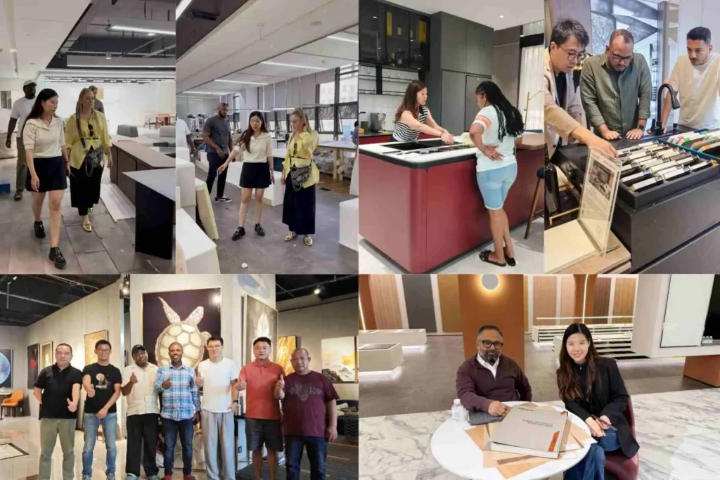Custom furniture company team welcoming clients