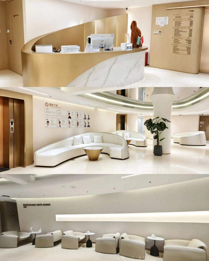 Sculptural reception desk in aesthetics clinic lobby