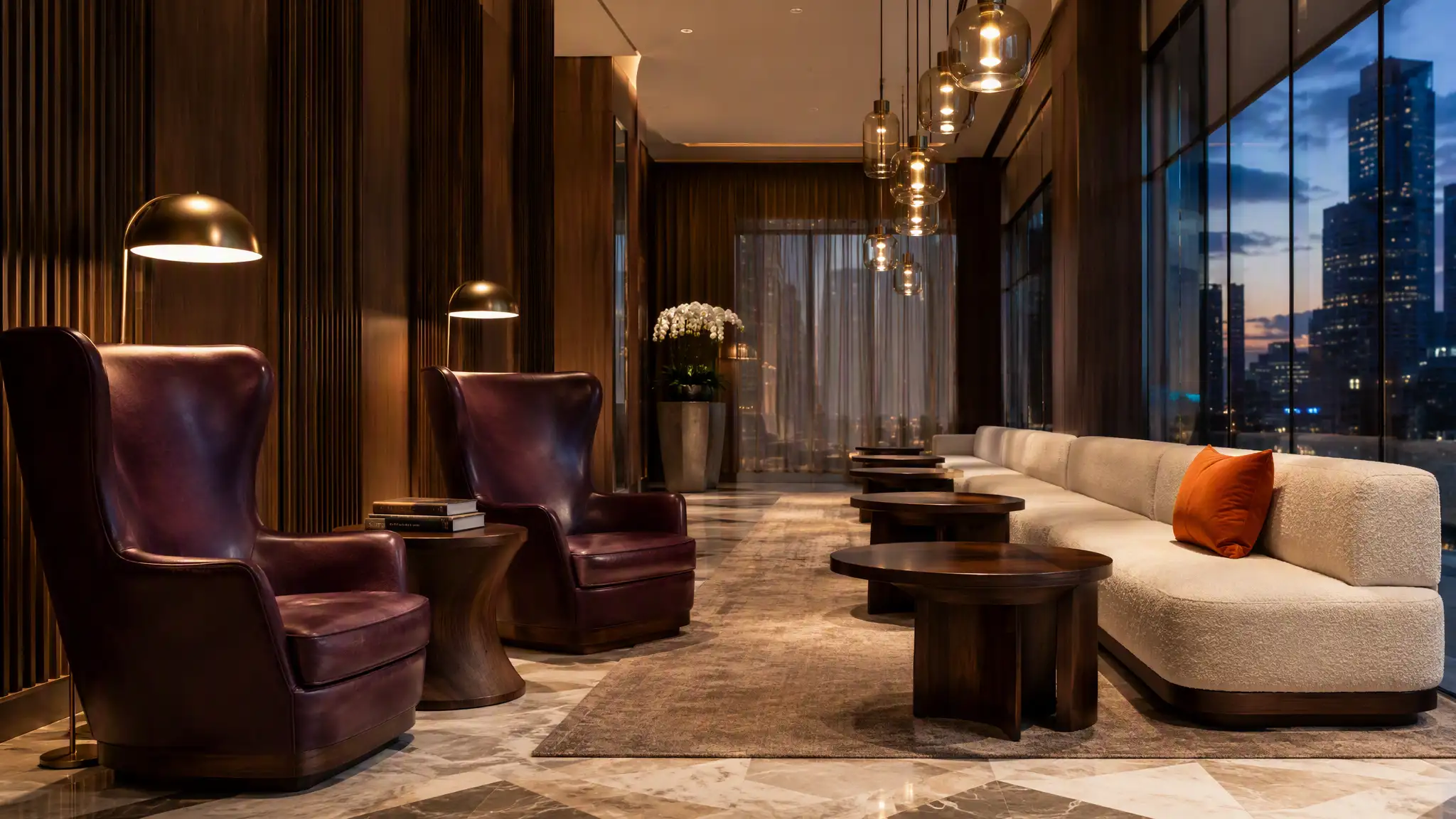 Custom hotel lobby furniture illustration, curved leather armchairs and walnut tables in a post-modern American lounge