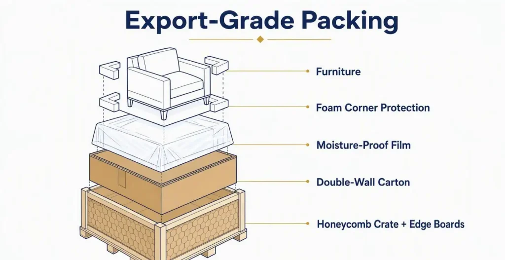 Cross-section diagram of export furniture packaging: foam corner protection, moisture-proof film, double-wall carton and honeycomb crate with edge boards